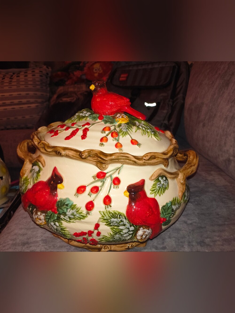 Festive Red Cardinal Ceramic Holiday Soup Tureen